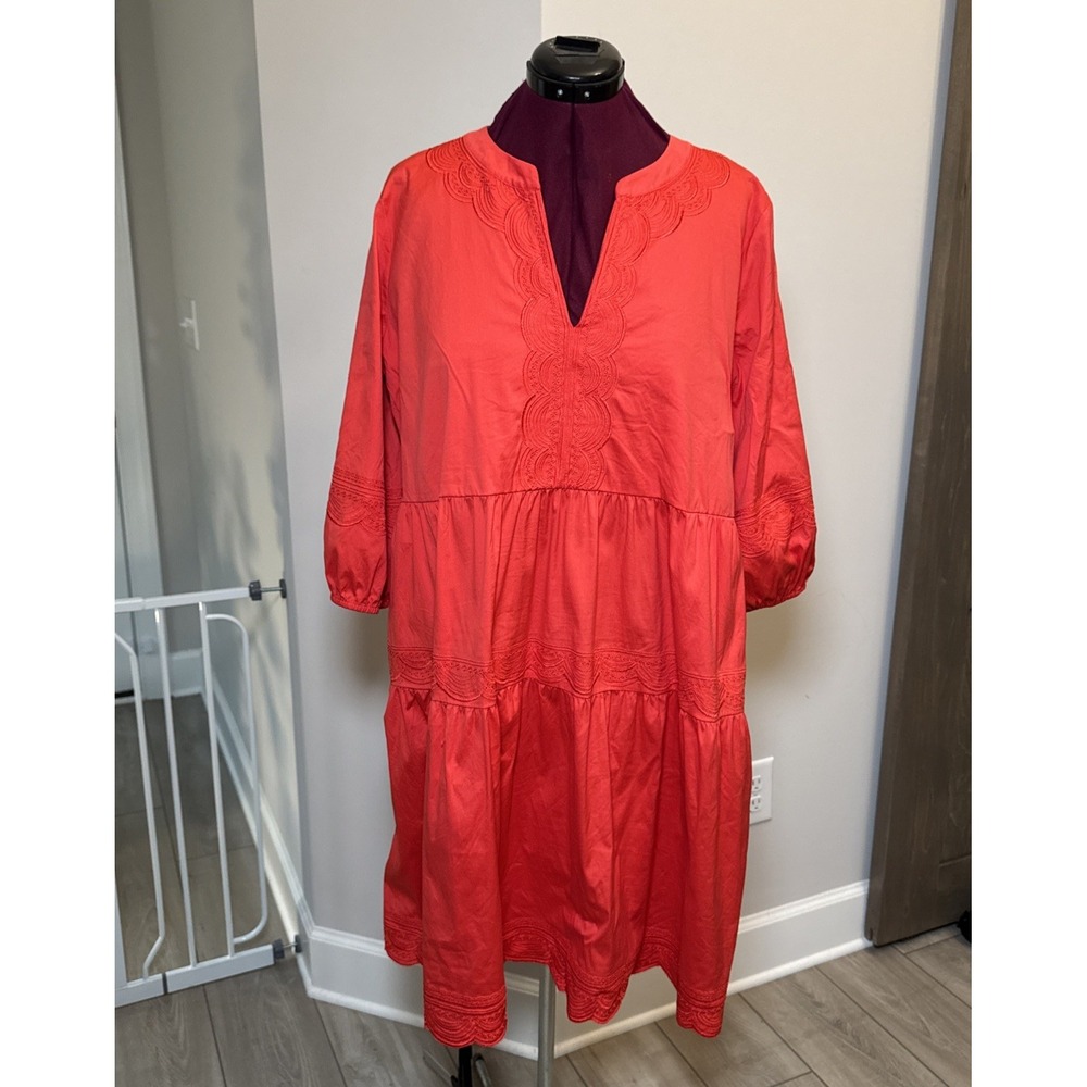 Chico's Midi Dress Women Sz 3 Red Embroidered Tiered 3/4 Sleeve‎ Resort Pockets